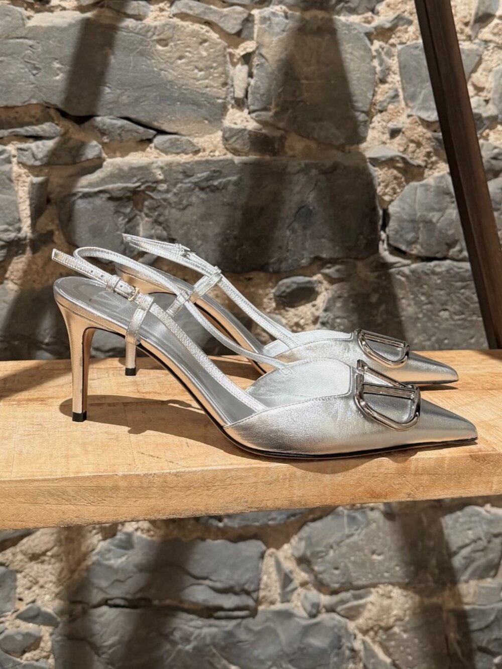 Valentino Metallic Silver Vlogo Slingback Pumps